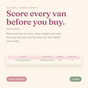May include: A digital spreadsheet template for Excel and Google Sheets titled Score every van before you buy. It includes instructions to rate vans on price, miles, and height, a data table comparing van options, and buttons for instant download.