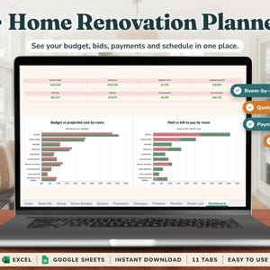 Planificador de presupuesto y cronograma para reformas del hogar, presupuesto de contratista, seguimiento de pagos, permisos y lista de tareas pendientes, compatible con Excel y Google Sheets.