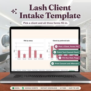 May include: A laptop screen displaying a Lash Client Intake Template with bar charts titled Fills by status and Clients by preferred style. The interface includes buttons for Pick a Client, Patch Test Cleared Check, and Fill Due Date Flags.