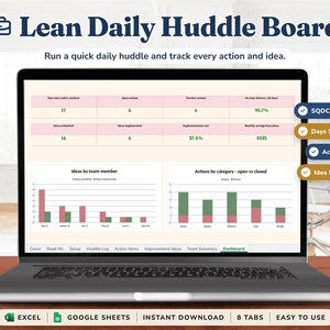 Daily Huddle Board Spreadsheet, Lean Standup and Improvement Idea Tracker, Team Action Log with SQDC Checks, Excel & Google Sheets