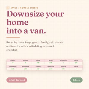 Van Life Downsizing Planner Spreadsheet, Move Out Checklist, Keep Sell Donate Inventory Tracker for Moving Into a Van, Excel & Google Sheets
