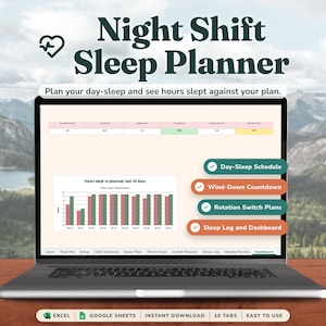 May include: A digital Night Shift Sleep Planner displayed on a laptop screen, featuring a bar chart comparing hours slept versus planned, a data table, and navigation tabs for Day-Sleep Schedule, Wind-Down Countdown, and Sleep Log.