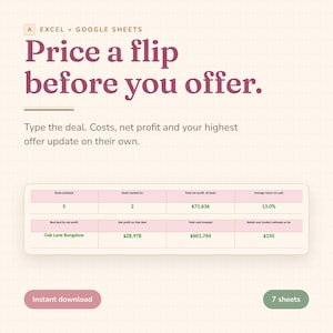 House Flip Profit Calculator Spreadsheet - Rehab Budget, ARV, Max Offer and Net Profit Analyzer