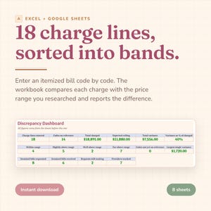 May include: An Excel and Google Sheets workbook template featuring a Discrepancy Dashboard. The text reads 18 charge lines, sorted into bands. Enter an itemized bill code by code. The workbook compares each charge with the price range you researched and reports the difference. The dashboard displays various financial metrics including total charged, expected ceiling, and total variance in a grid format.