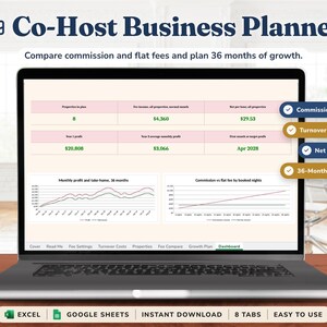 Short Term Rental Co-Host Business Plan Spreadsheet, Commission vs Flat Fee Calculator, Turnover Cost Planner, Excel & Google Sheets