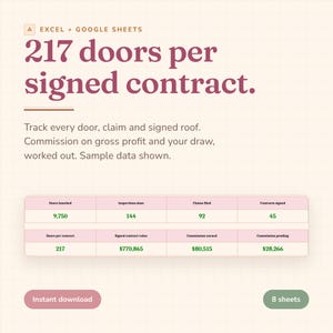 May include: A digital spreadsheet template for Excel and Google Sheets titled 217 doors per signed contract. It includes a data table tracking doors knocked, inspections, claims, contracts, values, and commissions, with buttons for instant download.