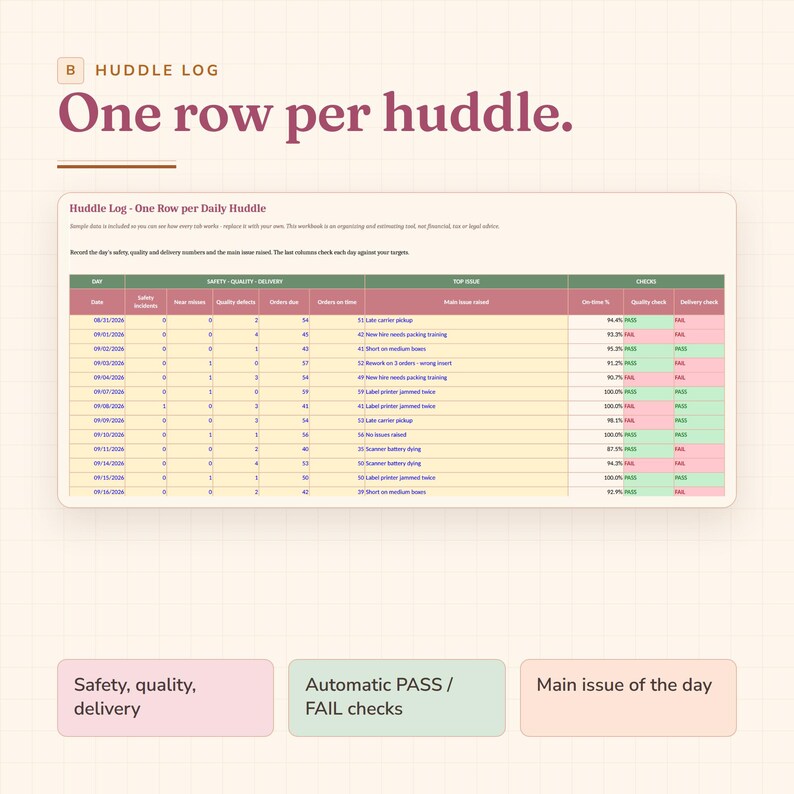 Daily Huddle Board Spreadsheet, Lean Standup and Improvement Idea ...