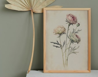 Dainty Vintage Flowers ~ Peony Watercolor Print ~ Nursery Decor ~ Cottage Wall Art ~ Download stampabile