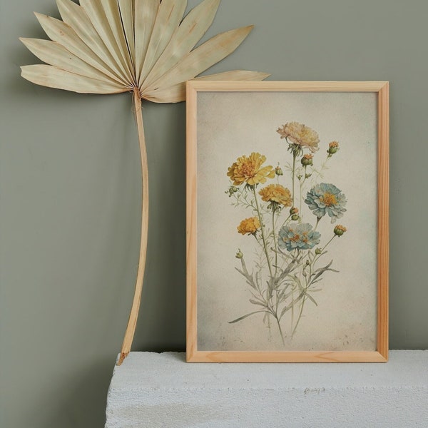 Dainty Vintage Flowers ~ Marigolds Watercolor Print ~ Nursery Decor ~ Cottage Wall Art ~ Printable Download