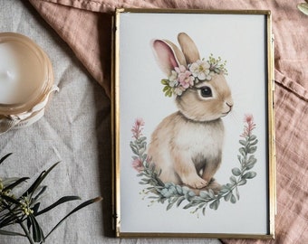 Digital Watercolor Print of Bunny with with Floral Crown and Greenery ~ Nursery Decor ~ Wall Art ~ Printable Download