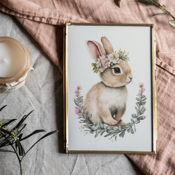 Digital Watercolor Print of Bunny with with Floral Crown and Greenery ~ Nursery Decor ~ Wall Art ~ Printable Download