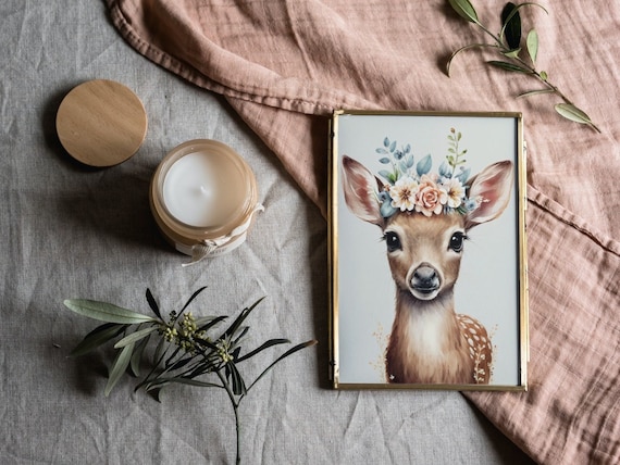 Digital Watercolor Print of Fawn with Floral Crown ~ Nursery Decor ~ Wall Art ~ Printable Download