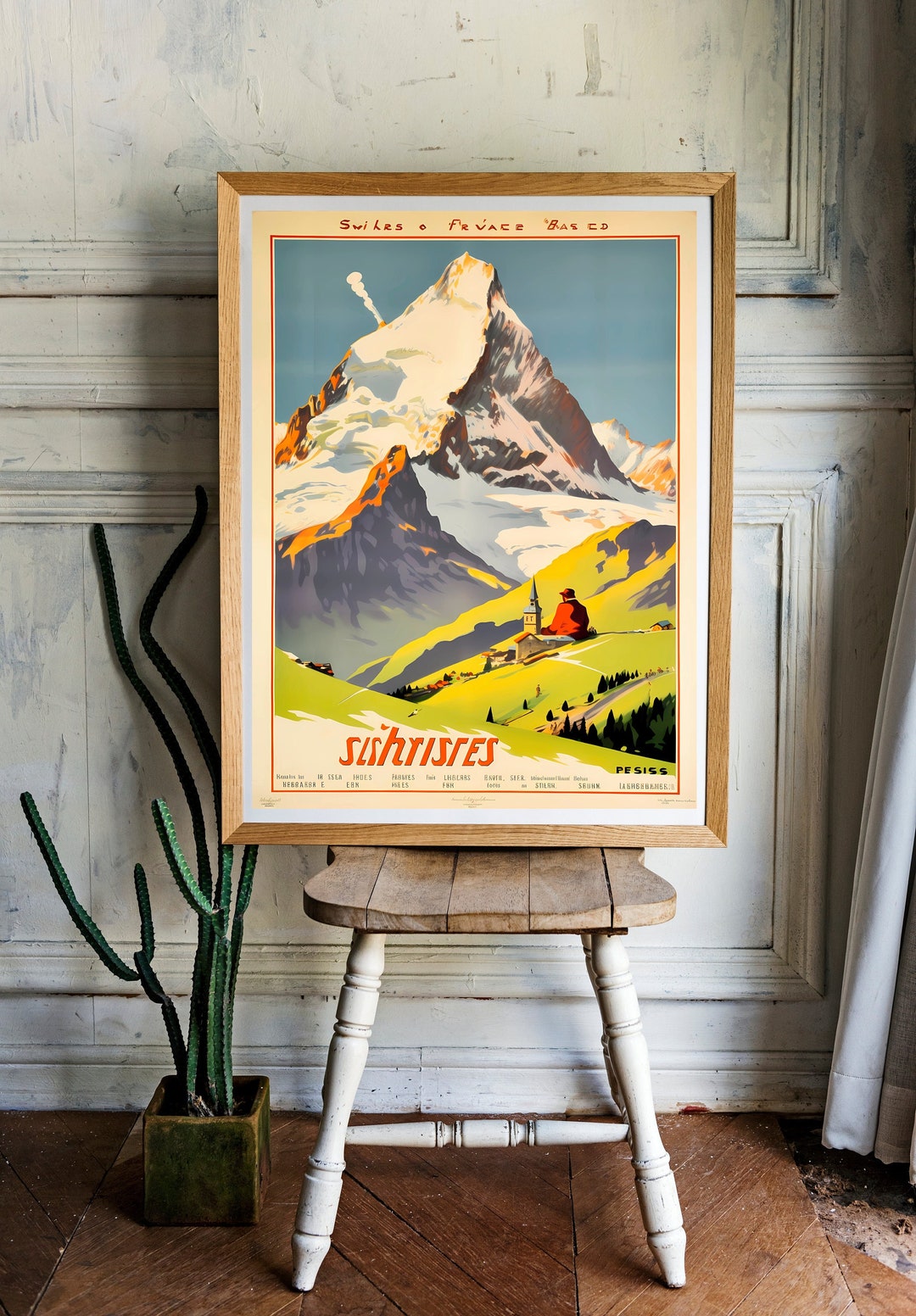 Vintage Swiss Alps Travel Poster Illustration V1 Aspect Ratio 2:3 ...
