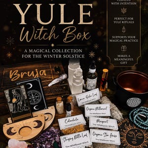 May include: A Yule Witch Box collection featuring a wooden box labeled Bruja, tarot cards, a black cauldron, crystals, and various herbs in labeled bags including Lemon Balm Leaf, Calendula, Mugwort, Stinging Nettle Leaf, and Organic Star Anise.