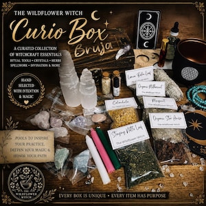May include: A collection of witchcraft supplies including two selenite towers, various crystals, small glass vials, and bags of dried herbs labeled Lemon Balm, Calendula, and Star Anise. Includes a wooden box, a black cauldron, and three taper candles.