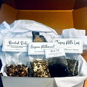 4 Pack of Dried Protection Witch Herbs | Black Salt, Burdock Root, Stinging Nettles, Mother Wort