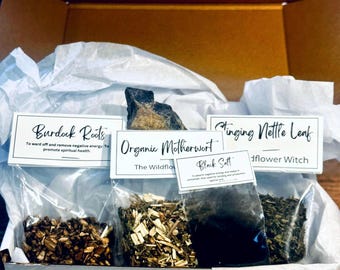Protection Herb Witchcraft Kit: Black Salt, Burdock Root, Nettle Leaf, Motherwort