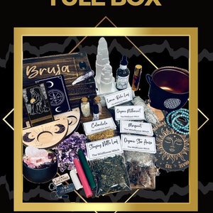May include: A wooden box filled with various items for a Yule celebration, including herbs, crystals, candles, and a tarot card. The box is labeled "Bruja" and has a moon and star design.
