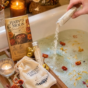 Intention Herbal Bath Salt for Harvest Moon | Mabon Spiritual Bath Tea Gift Set | Fall Equinox Ritual Bath with Yellow Calcite Crystal