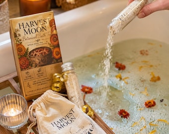 Autumn Herbal Bath Salts for Harvest Moon | Mabon Spiritual Bath Tea Gift Set | Fall Equinox Ritual Bath with Yellow Calcite Crystal