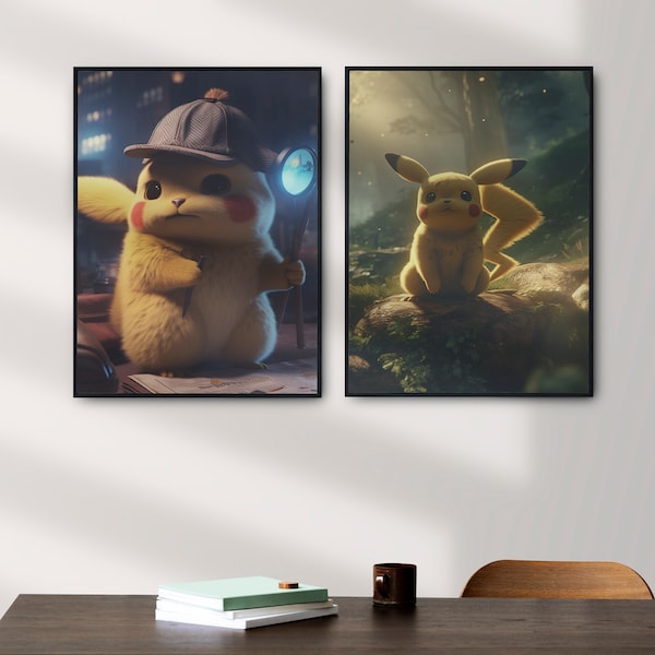 Wall Art Pikachu, Detective Pikachu, Anime, Poster, Home Deco, Art Prints, Modern, Set of 2