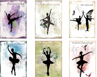 May include: Six journal cards with watercolour backgrounds and black silhouettes of ballerinas. The cards feature inspirational quotes such as "dreaming big", "filled with promise", "following my dreams", "endless possibilities", "the future is looking bright", and "100% dedicated".