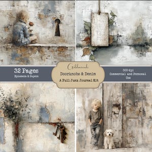 May include: A digital junk journal kit with a vintage aesthetic. The image features a child, a keyhole, keys, and a dog. The kit includes 32 pages of ephemera and papers. The text on the image reads "Doorknobs & Denim" and "Commercial and Personal Use."