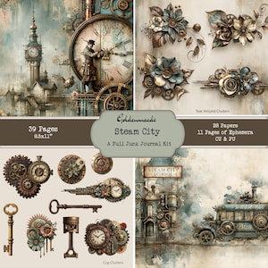 May include: A Steam City junk journal kit featuring 39 pages measuring 8.5x11 inches, including 28 papers and 11 pages of ephemera. The kit displays clock towers, mechanical gears, metallic floral clusters, vintage keys, and a steam-powered bus.