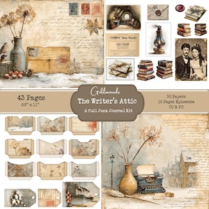 Puede incluir: Un kit de diario digital con estética vintage. La imagen presenta una variedad de efímeras, incluyendo sobres, sellos y pilas de libros antiguos. El kit incluye 43 páginas, cada una de 21,59 cm x 27,94 cm, y 30 papeles con 13 páginas de efímeras.
