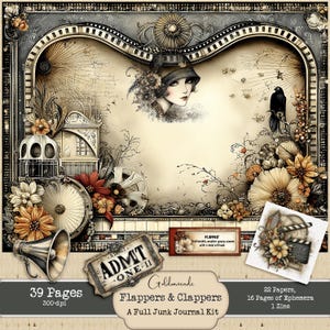 Könnte beinhalten: Ein digitales Kunstwerk im Vintage-Stil mit Flapper-Thema. Das Kunstwerk zeigt ein Porträt einer Frau mit Glockenhut, florale und architektonische Elemente sowie den Text "Flappers & Clappers, A Full Junk Journal Kit". Enthält 39 Seiten, 22 Papiere, 16 Seiten Ephemera und 1 Zine.