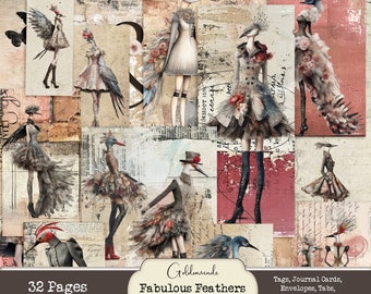 Fabulous Feathers Junk Journal Kit. Digital papers. Instant download. Digikit. Printable. Ephemera. 32 pages. 300 DPI. Birds. Goldenmeade.