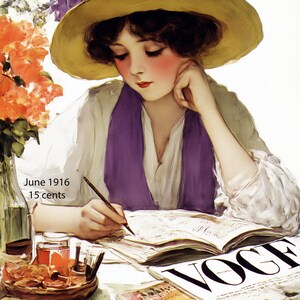 May include: Vintage Vogue magazine cover from June 1916. The illustration features a woman wearing a yellow hat and purple scarf, writing at a table. The magazine's title is prominently displayed at the top.