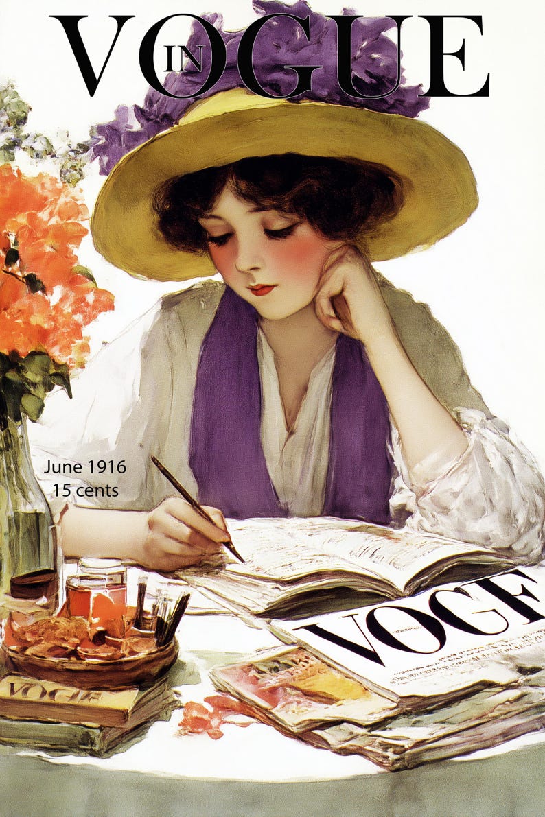 May include: Vintage Vogue magazine cover from June 1916. The illustration features a woman wearing a yellow hat and purple scarf, writing at a table. The magazine's title is prominently displayed at the top.