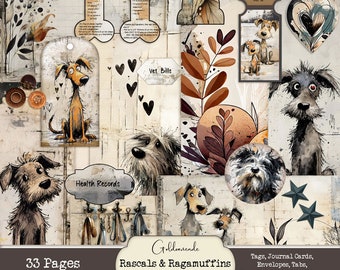 Schlingel & RagaMuffins - Ein Hund Junk Journal Kit. Skurrile Illustrationen. 300-dpi. Sofortiger Download. 33 Seiten. Druckbar. Kunstvoll. Ephemera.