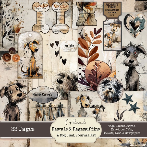 Rascals & Ragamuffins - A Dog Junk Journal Kit. Whimsical illustrations. 300-dpi. Instant download. 33 pages. Printable. Artsy. Ephemera.