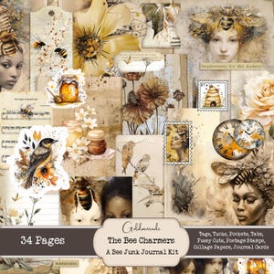 Los Encantadores de Abejas - Un kit para crear un diario de apicultura. 300 dpi. Descarga instantánea. 20 páginas dobles y 14 páginas (no se muestran todas) de material efímero. Goldenmeade.