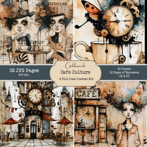 May include: A digital junk journal kit titled Cafe Culture featuring 32 JPG pages, 20 papers, and 12 pages of ephemera. The imagery includes stylized illustrations of characters in cafes, clockwork motifs, butterflies, and coffee shop scenes.