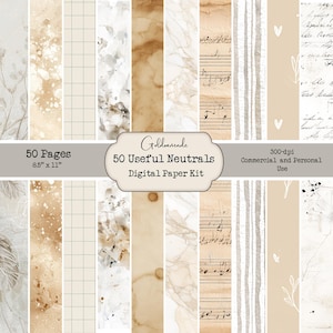 May include: A digital paper kit with 50 pages of neutral designs. The kit includes various patterns such as watercolor, grid, and musical notes. The paper measures 8.5" x 11" and is suitable for commercial and personal use. The text on the image says "Goldennende 50 Useful Neutrals Digital Paper Kit".
