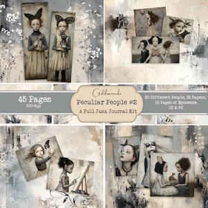 以下が含まれることがあります： ユニークな特徴と表情を持つ人々の幻想的なイラストが特徴のデジタルコラージュキット。このキットには、300dpiの画像45ページ、20人の異なる人々、26枚の紙、15ページの ephemera が含まれています。このキットのタイトルは「Peculiar People #2: A Full Junk Journal Kit」です。