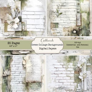 Puede incluir: Un conjunto de 20 papeles digitales con fondos de collage verde, paredes de ladrillo blanco, elementos florales y superposiciones de texto. Los papeles miden 8,5 pulgadas por 11 pulgadas y 300 dpi. Son para uso comercial y personal.