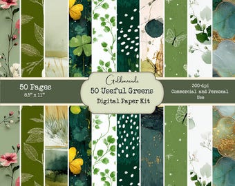 50 Verdes Útiles: 50 papeles digitales para junk journaling y scrapbooking.