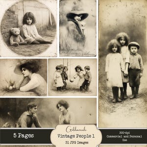 Peut inclure: Une collection d'images de style vintage en tons sépia, représentant des enfants et des adultes. Les images incluent des portraits, des enfants jouant et une femme avec des œufs. Le texte sur l'image indique "5 Pages", "Vintage People 1" et "31 JPG Images".