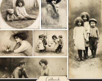 May include: A collection of vintage-style images featuring children and adults in sepia tones. The images include portraits, children playing, and a woman with eggs. The text on the image reads "5 Pages", "Vintage People 1", and "31 JPG Images".