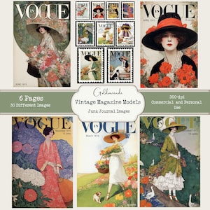 May include: A collection of vintage Vogue magazine covers and stamps. The covers feature illustrations of women in hats and dresses, with floral and outdoor backgrounds. The text includes "Vogue" and the month and year of publication.