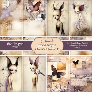 Pixie People - Un kit de journal indésirable. Etiquettes, enveloppes, billets, cartes postales, cartes de bibliothèque, plis, étiquettes, cœurs, bandes de mots, pochettes