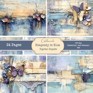Rhapsody in Blau. Schmetterling Collage Digitale Papiere. Junk Journals. Kommerzielle Nutzung. Scrapbooking. Collage. Kartengestaltung. Goldene Meise.