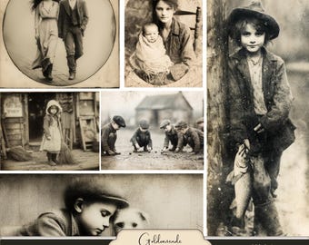 May include: A collection of sepia-toned vintage photographs depicting various scenes of people. The images include a couple, a mother and child, a child with fish, children playing, and a child with a dog. Text reads "6 Pages", "Vintage People 2", and "300-dpi Commercial and Personal Use".