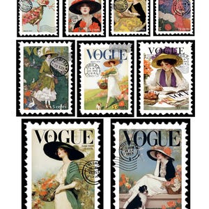 May include: A collection of vintage Vogue magazine cover art, presented as postage stamps. The stamps feature illustrations of women in stylish attire, with text including dates, prices, and locations like Paris and Syracuse. The color palette includes reds, greens, and yellows.