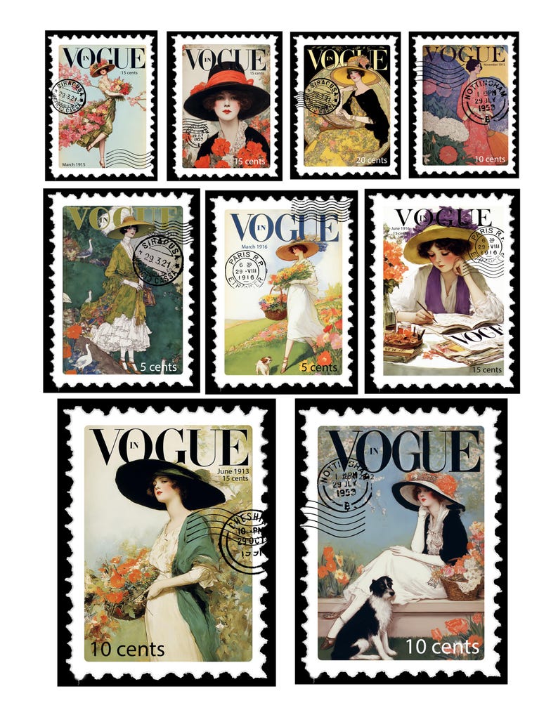 May include: A collection of vintage Vogue magazine cover art, presented as postage stamps. The stamps feature illustrations of women in stylish attire, with text including dates, prices, and locations like Paris and Syracuse. The color palette includes reds, greens, and yellows.