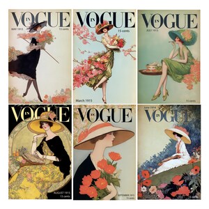 May include: A collection of six vintage Vogue magazine covers from 1915. Each cover features an illustration of a woman in stylish attire, including hats and floral accents. The covers are in various color palettes, with text indicating the month and price.